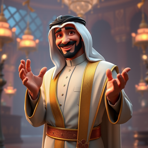 Create a 3D rendering of a wealthy Arab male sheikh from Dubai, inspired by the Disney animation style. The sheikh must have a smile and a playful but wise character. Place your character in an atmosphere of wealth and luxury. The image must be in high resolution format. Dynamic pose above the waist, gesturing with hands (Pixar Art style)++ highly detailed digital painting, art stations, concept art, soft focus, hard focus, illustrations. cinematic, visual effects, HDR, Unreal Engine 5, ray tracing, soft light, 8k, high detail, sparkling backlighting, luxury gem, game art, 3d, cartoon, colorful, magical, mysterious