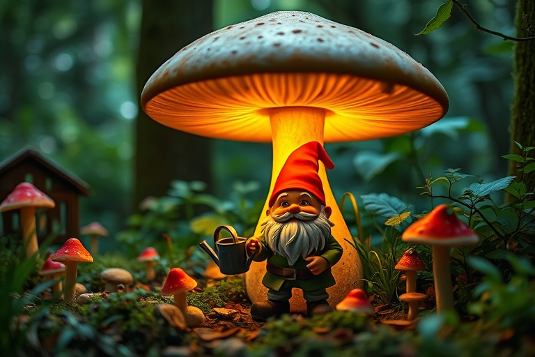 Create an enchanting fantasy scene with a cheerful gnome standing under a large glowing mushroom, holding a watering can, surrounded by smaller mushrooms and lush greenery, use a DSLR camera with a 50mm lens, aperture set to f/2.8 for shallow depth of field, ISO 200 for sharpness, with soft diffused lighting to enhance colors and details in a whimsical forest setting.