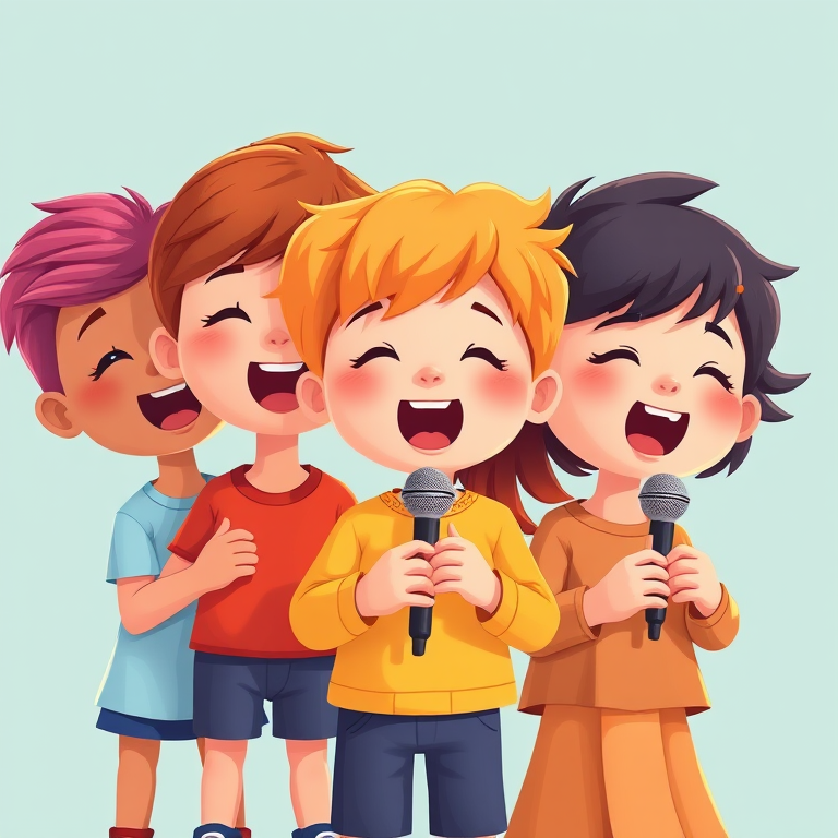 Create a high-resolution illustration of five cartoon children singing with varying hairstyles and colors in a horizontal arrangement, using a bright color palette, shot with a digital camera at f/4 aperture, 50mm lens, and natural lighting to enhance detail and vibrancy.