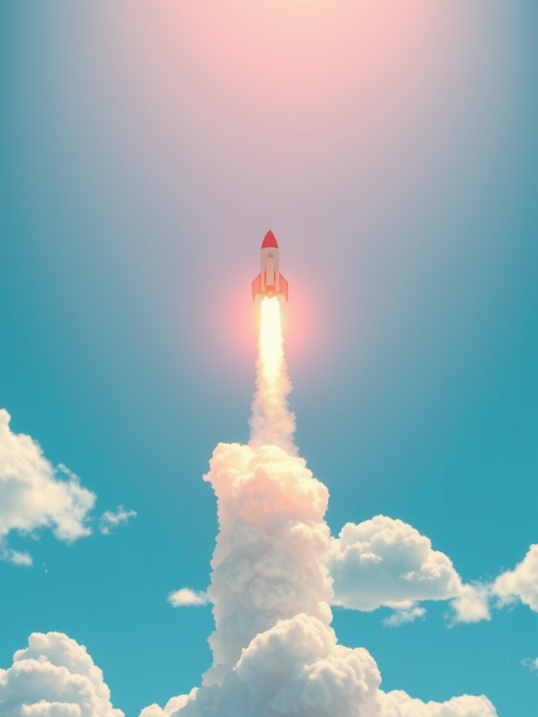 Create an illustration of a rocket launching into a bright blue sky, surrounded by fluffy white clouds, using a 50mm lens at f/8, ISO 100, with a soft focus background in a digital style akin to flat design.