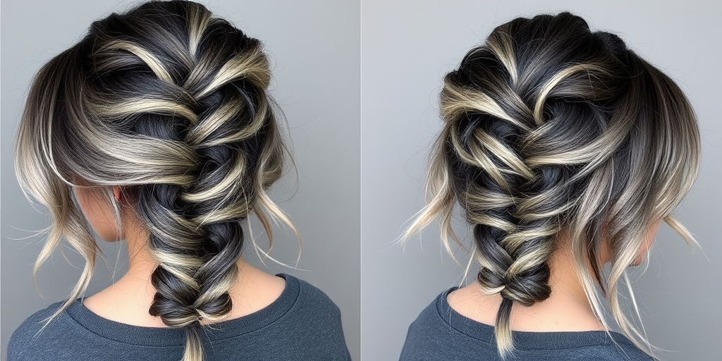 Smoky charcoal to ash blonde ombre styled in a messy fishtail braid, called "Storm Cloud Chic" look, featuring wispy flyaways and a lived-in texture