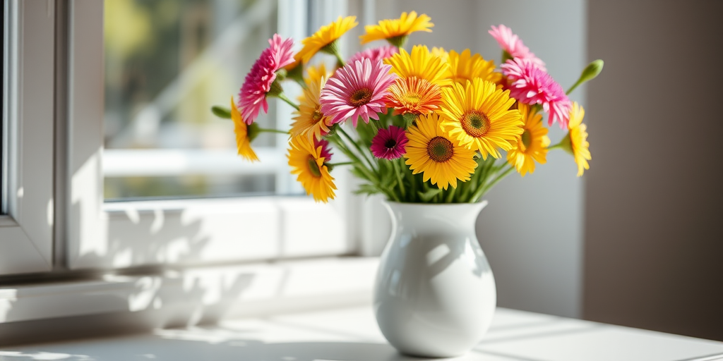 A bright and vibrant still life of a white vase filled with colorful flowers including yellow daisies and pink asters, natural light from a window creating soft shadows, with a shallow depth of field, shot with a Canon EOS R5 at f/2.8, ISO 100, 50mm lens, soft focus on the flowers with a well-defined background.