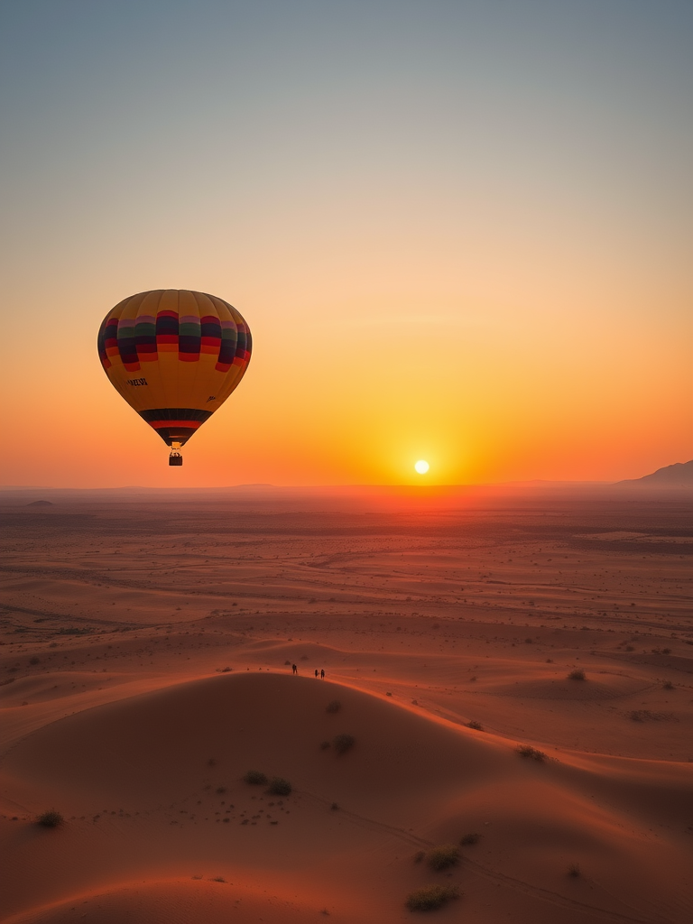 A colorful hot air balloon floating over a vast desert landscape at sunset, with warm orange and brown hues, taken with a DSLR camera at 24mm, f/8, ISO 100, with a wide-angle view for enhanced depth and clarity.