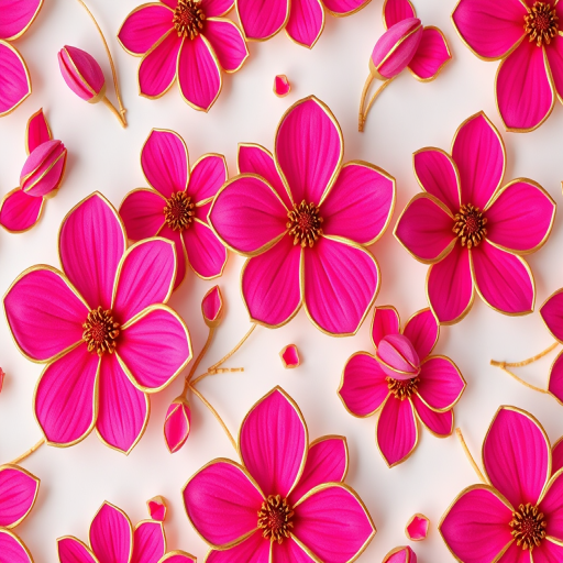 Create a seamless floral pattern with pink flowers outlined in gold on a white background, macro lens, f/2.8 aperture, 50mm focal length, soft natural lighting, digital camera.