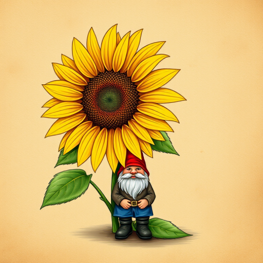 Create an illustration of a sunflower with a gnome at its base, placed on an aged parchment-style background, captured with a DSLR camera at f/2.8 aperture, ISO 100, with a close-up view and a soft focus effect to enhance the vibrancy and detail of the sunflower and texture of the parchment.