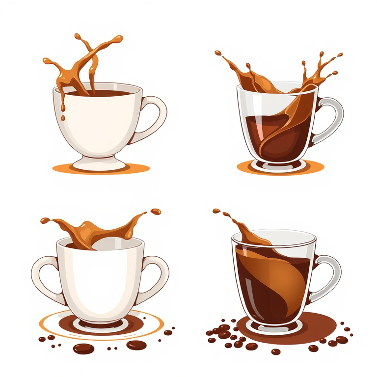 Create a high-resolution illustration of four coffee-themed graphics showing cups and glasses with coffee splashes, using a DSLR camera with a 50mm lens, f/1.8 aperture, at ISO 100, 1/200s shutter speed, in a bright natural light setting for enhanced details and vibrant colors.