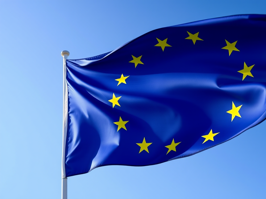 Create a high-resolution image of the European Union flag waving gently in the wind with a smooth blue gradient background, using a Canon EOS 5D Mark IV with a 50mm f/1.8 lens at f/2.8, ISO 100, and a shutter speed of 1/200s, captured from eye level for a realistic perspective.