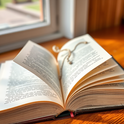 Create a high-resolution image of an open book with a winding path through its pages, using a DSLR camera with a 50mm lens, aperture set to f/1.8, ISO 100, shot at a 45-degree angle in natural light.