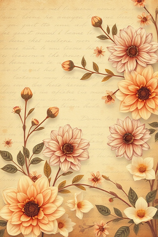 Create a vintage floral texture background with soft earthy tones and faded handwriting, captured with a DSLR camera at f/8 aperture, ISO 100, 50mm lens, natural light, and a soft focus effect for a dreamy quality.