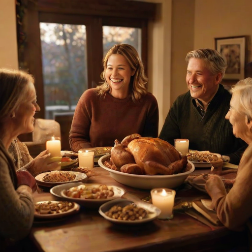 Warmly lit image of a family gathered around a table, sharing a Thanksgiving meal, soft glow from candles casting warm light on their faces, laughter and conversation filling the room, the smell of roasted turkey and freshly baked pie lingering in the air.