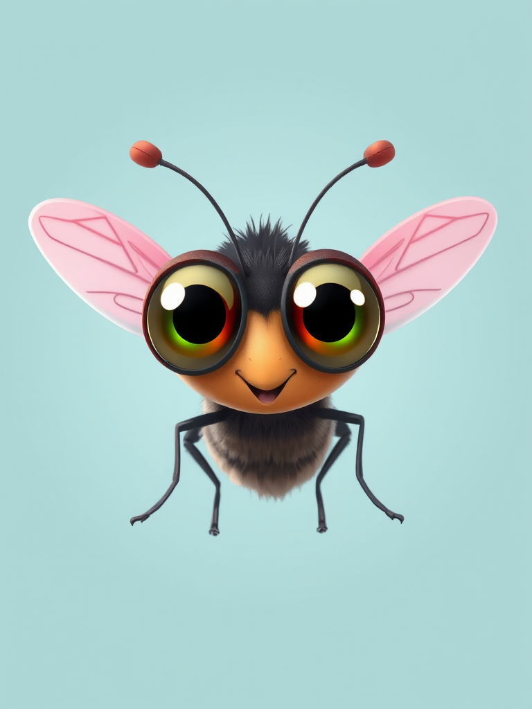 Create a high-resolution illustration of a cartoon fly with oversized eyes and pink wings, using a Canon EOS R5 with a 50mm f/1.2 lens, aperture set to f/2.8, 1/200s shutter speed, and ISO 100 for bright, vibrant colors and sharp details, in a playful and whimsical style.