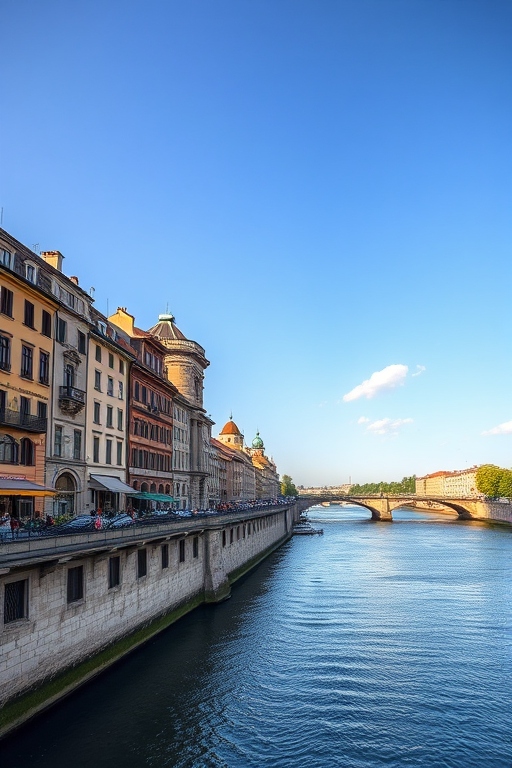 Capture a picturesque view of historic European architecture along a riverbank on a sunny day, using a Canon EOS R5 with an RF 24-70mm f/2.8L lens at ISO 100, f/8, 1/200 sec, in vibrant color and sharp detail, with a wide-angle perspective for a dramatic skyline.