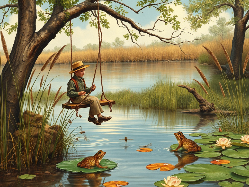 Imagine a small group of old fashioned young boys out fishing by the creek, a swing hanging from a tree branch, reeds and grasses by the water's edge, a frog sitting on a lily pad, dragonflies hovering over som water plans, a very iconic old fashioned scene reminiscent of a Norman Rockwell painting style
