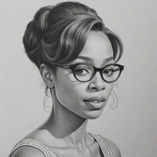 Wonderful Anika Noni Rose, pencil sketch, portrait of Comely woman 1953s in glasses, hair style beatnik, outline, clear lines, fine lines, 8k