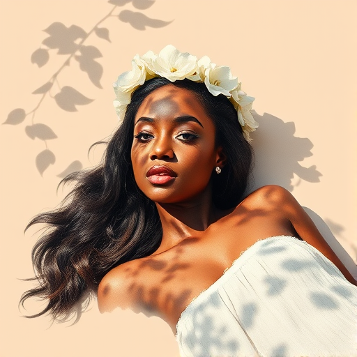 create a watercolor painting of an ethereal portrait of beautiful Afro-Caribbean woman with a simple white flower crown on her head. Her hair is long and she is lying on the ground. The sunlight on the trees casts shadows from the leaves on her face and body. The background is a neutral brown color that matches her skin tone. The image is minimalist and solid colors. This style is characterized by soft, delicate brushstrokes and a light, airy, contrasting color palette. High level of detail and play of light
