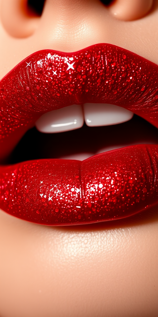 Glitter-infused ruby red lips with a high-shine finish, christened "Red Carpet Sparkle," providing intense pigmentation and dazzling shimmer