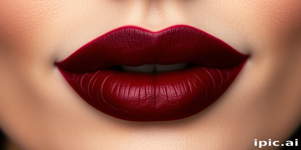 Sultry matte burgundy lips, carefully painted with precision, featuring a bold and dramatic cupid's bow, exuding confidence and sophistication in every curve