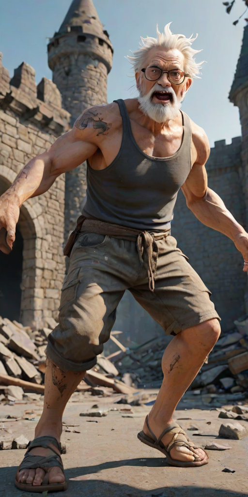 Cartoon 3D High-Resolution,dynamic battle scene using Unreal Engine 5 and Octane Render. The scene features back of an elderly, thai man with a beard,messy hair and round golden-rimmed glasses. He is wearing a tattered tank top with soot marks, shorts, and sandals. sweating. he wields a baseball bat. He jump to fight with a white fire-breathing Europe dragon amidst a partially destroyed stone castle. Include intense flames, smoke, and debris to enhance the dramatic effect.
