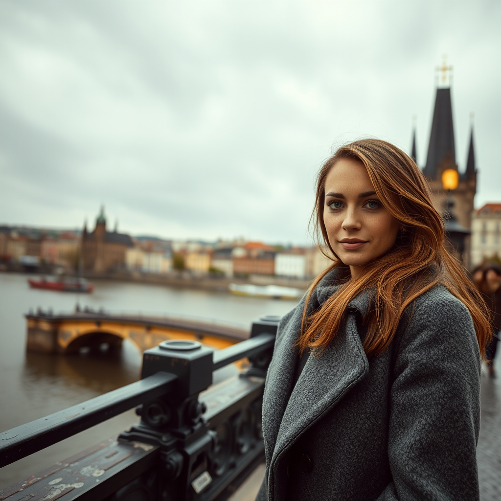 cinematic photo from above, waist up shot, sharp focus, a beautiful woman in foreground, in Prague, at the Charles Bridge, river in background, overcast rainy day, wearing long grey wool coat, warm rich color palette