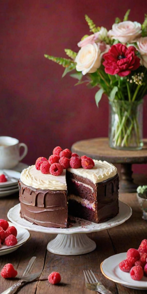 Create an image of a beautifully decorated chocolate frosted cake with a slice cut out, revealing a layer of white cake and a raspberry filling. The cake is placed on a vintage red glass cake stand, surrounded by fresh flowers in the background. Include a few raspberries on the plate next to the slice.