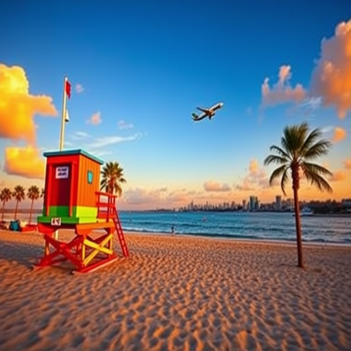 Create a vibrant beach scene featuring a colorful lifeguard tower, palm trees, city skyline, and an airplane flying in a bright blue sky at sunset with a wide-angle lens, f-stop 8, ISO 100, and a Canon DSLR camera.