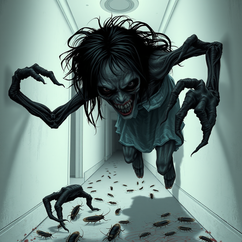 a crooked female with long arms and a creepy smile is crawling along a long white corridor and you can also see cockroaches in it there is a creepy atmosphere creepy art style