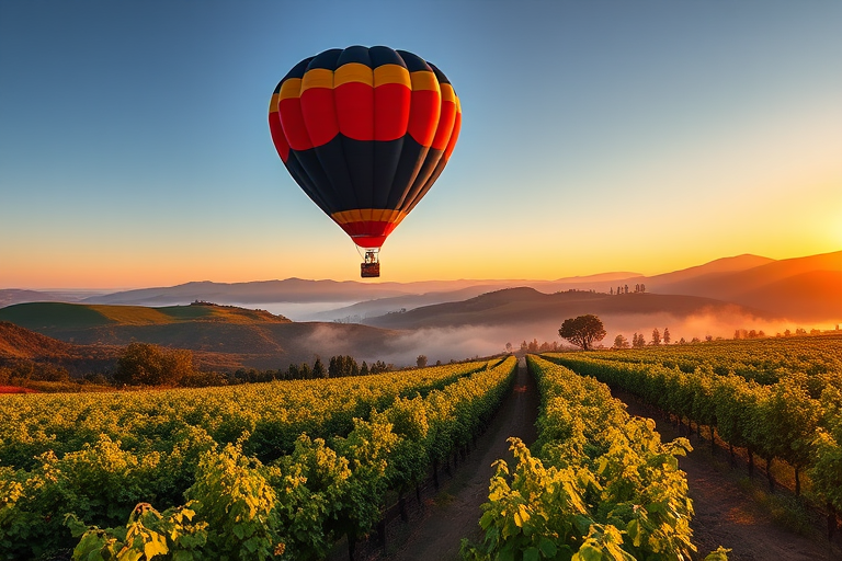 A vibrant hot air balloon drifting over a lush vineyard landscape during golden hour, with rolling hills in the background and soft morning mist, captured with a Canon EOS R5, 24mm lens, f/8, ISO 100, 1/200 sec, wide-angle view, high dynamic range.