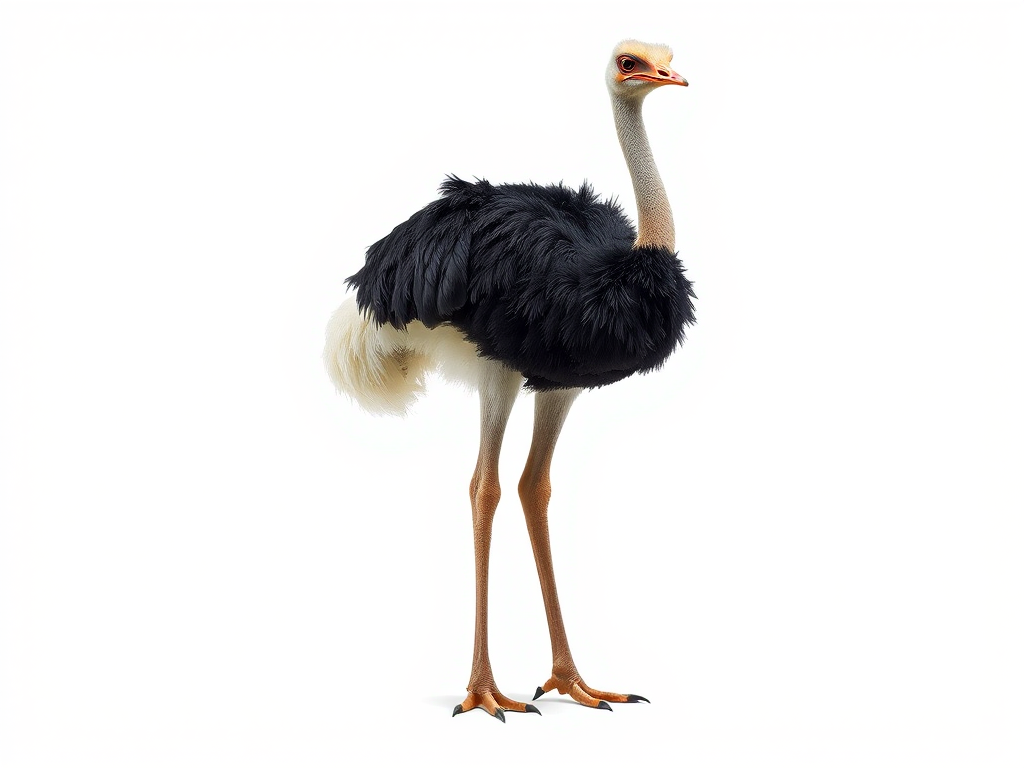 Create a highly detailed illustration of an ostrich standing upright, emphasizing its large body and long legs in a white background, using a Canon EOS R5 camera with a 50mm lens at f/2.8, shooting from a slightly low angle to capture depth, using a soft-focus style for a clean, artistic representation.