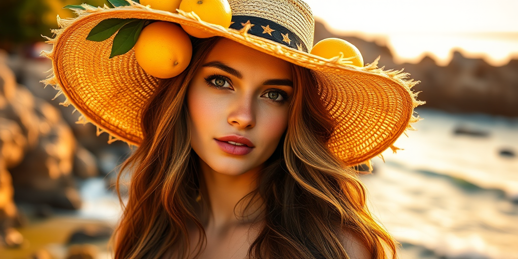 Regenerate a portrait of a woman with long wavy hair, wearing a wide-brimmed straw hat adorned with lemons, standing against a vibrant coastal background with a rocky landscape and waves, using a Canon EOS R5 camera with a 50mm f/1.2 lens, shot in natural light at golden hour for enhanced warmth and detail.