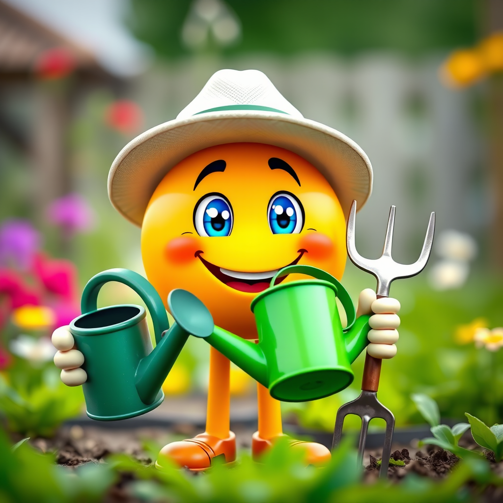 Create a vibrant cartoon-style illustration of a smiling emoji with bright blue eyes wearing a white hat, holding a green watering can in one hand and a garden hoe in the other, with a soft-focus background of a garden, captured with a DSLR camera at f/1.8, ISO 100, 50mm lens, and a wide-angle view to enhance depth.
