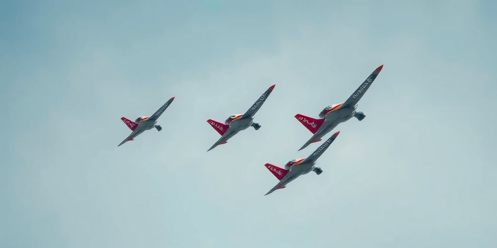 regenerate image of multiple airplanes in formation flying in a clear sky, close-up view, using a DSLR camera with a 50mm lens, aperture f/4, shutter speed 1/1000s, ISO 100, high dynamic range imaging for enhanced clarity and detail