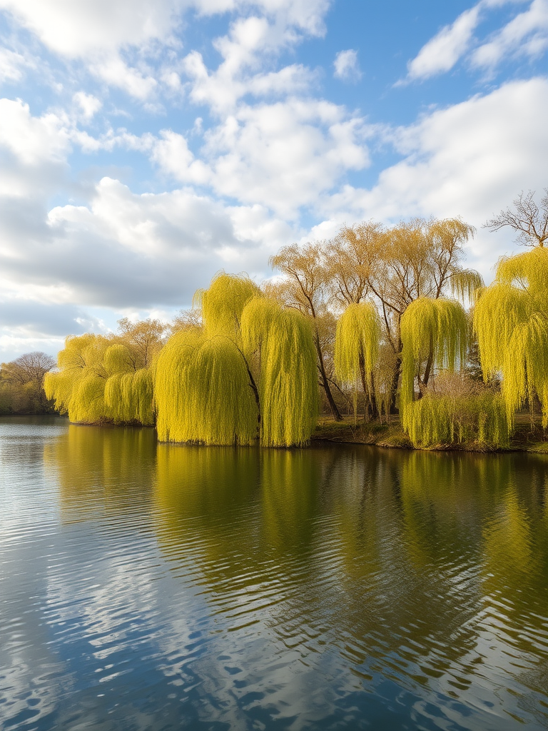 Create a serene landscape image of a tranquil body of water surrounded by weeping willow trees under a partly cloudy sky, using a Canon EOS R5 with a 24-70mm f/2.8 lens, set to ISO 100, aperture f/8, shutter speed 1/200s, capturing a wide-angle view to enhance depth and detail.