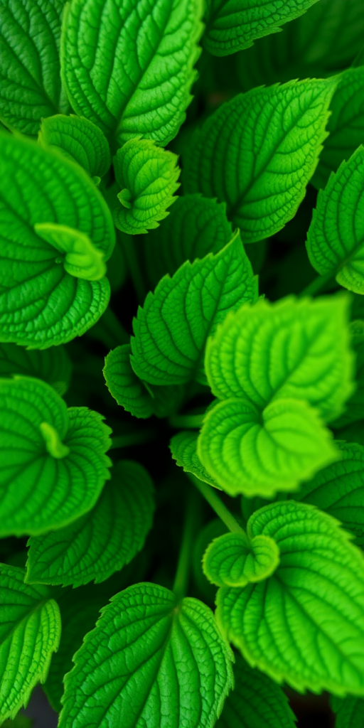 macro photograph of a lush green plant with textured leaves, shot with a DSLR camera at f/2.8 aperture, ISO 100, shutter speed 1/200s, in natural light from a top-down angle to enhance details and colors.