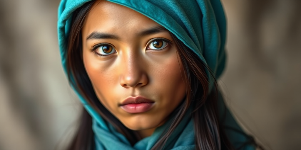 Create a portrait of a young Lao male with long, dark hair and captivating hazel eyes. She is wearing a cyan headscarf and a matching scarf draped gracefully around her neck. The background is softly blurred, focusing attention on her serene and natural expression. The overall color palette is muted and warm, enhancing the intimate and authentic feel of the portrait.