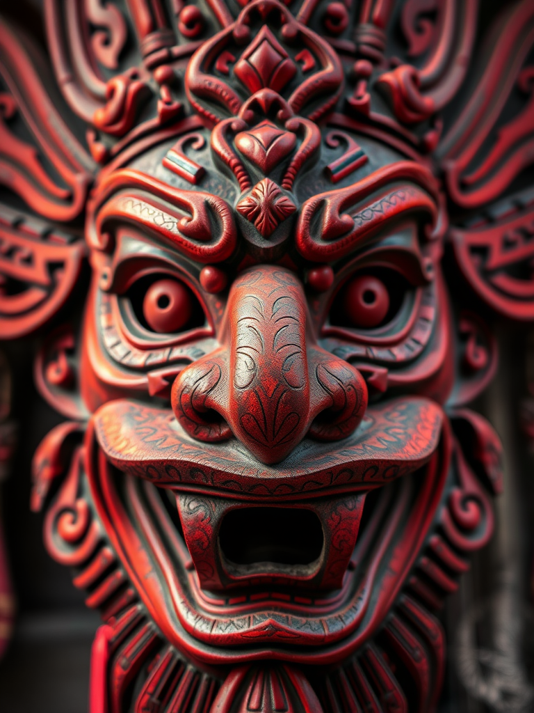 Create a high-resolution illustration of a traditional Balinese Barong mask featuring intricate details and bold red colors, captured with a DSLR camera at f/8 aperture, ISO 100, 50mm lens, in a close-up view with soft natural lighting to enhance texture and depth.
