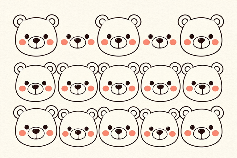 Create a grid of nine cute bear faces with different expressions including happy, sad, surprised, and playful. Use simple line art with a playful and colorful style, soft pastel colors, and a textured background that resembles handmade paper. Each bear should have distinctive features like hearts, tears, or sweat drops to convey various emotions.