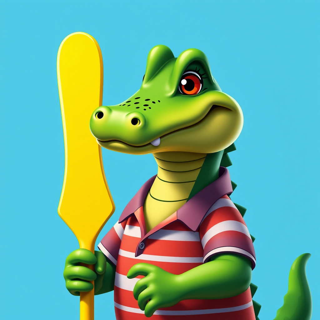 Create a detailed cartoon-style image of a green alligator wearing a striped shirt and holding a yellow paddle, set against a bright blue background, using a Canon EOS R5 with a 50mm lens, f/1.8 aperture, ISO 100, and an 85-degree angle view for optimal focus and clarity.