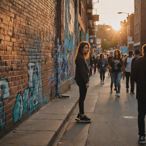 Crowded urban street at sunset, a woman leans against a brick wall, graffiti surrounding her, as she watches skateboarders pass by, the city coming to life around her.
