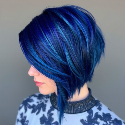 Regal indigo blue hair in a "Starry Night" inspired style features an asymmetrical cut with razor-sharp edges and metallic accents