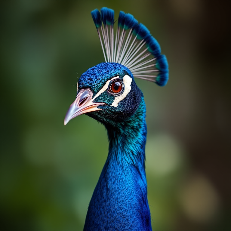 peacock close-up, f/2.8, 1/250 sec, ISO 100, 85mm lens, soft natural light, shallow depth of field, DSLR camera, portrait style