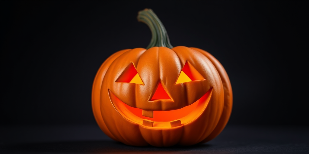 Create a high-resolution image of a smiling Halloween pumpkin with a glossy finish, captured using a DSLR camera at f/2.8 aperture, ISO 100, and a 50mm lens, with a shallow depth of field and soft studio lighting.