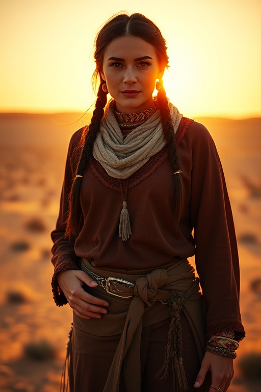 Dramatic photo of a beautiful Sami woman, classic cowboy attire, confident and free spirit expression, half-length portrait, centered, golden hour desert landscape, warm, diffused light, low angle, medium format film camera, in style of Annie Leibovitz.