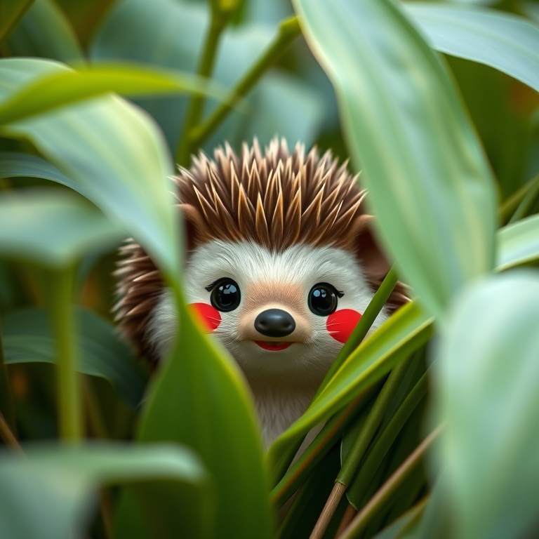 Create a cute cartoon hedgehog character peeking out from behind lush leaves, using a soft-focus effect, aperture f/2.8, 50mm lens, natural lighting, and high-resolution digital photography for enhanced details.