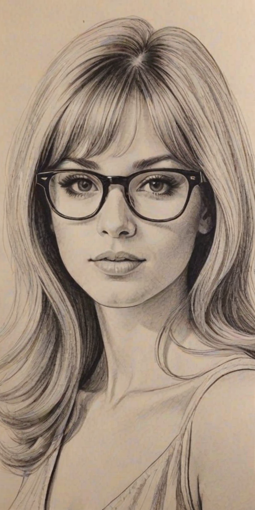 Beauteous Jaleel White, pencil sketch, portrait of Attractive woman 1968s in glasses, hair style beatnik, outline, clear lines, fine lines, 8k