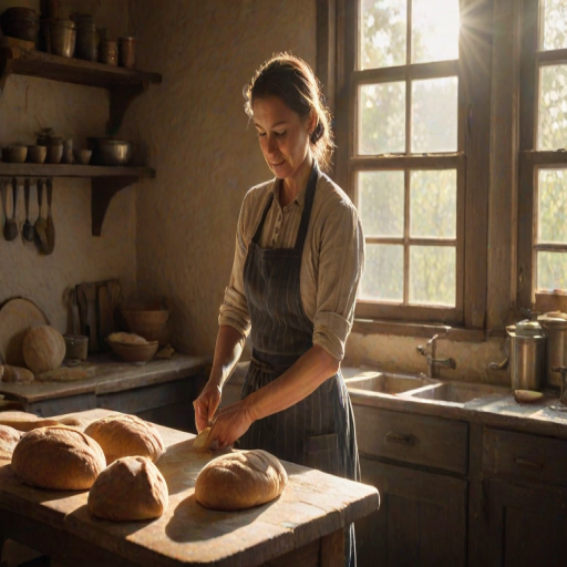 Old farmhouse kitchen, sunlight streaming through the windows, a woman stands at the counter, kneading dough for homemade bread, the scent of baking filling the air.