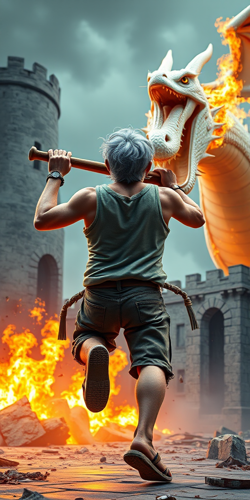 Cartoon 3D High-Resolution,dynamic battle scene using Unreal Engine 5 and Octane Render. The scene features back of an elderly, thai man with a beard,messy hair and round golden-rimmed glasses. He is wearing a tattered tank top with soot marks, shorts, and sandals. sweating. he wields a baseball bat. He jump to fight with a white fire-breathing Europe dragon amidst a partially destroyed stone castle. Include intense flames, smoke, and debris to enhance the dramatic effect.