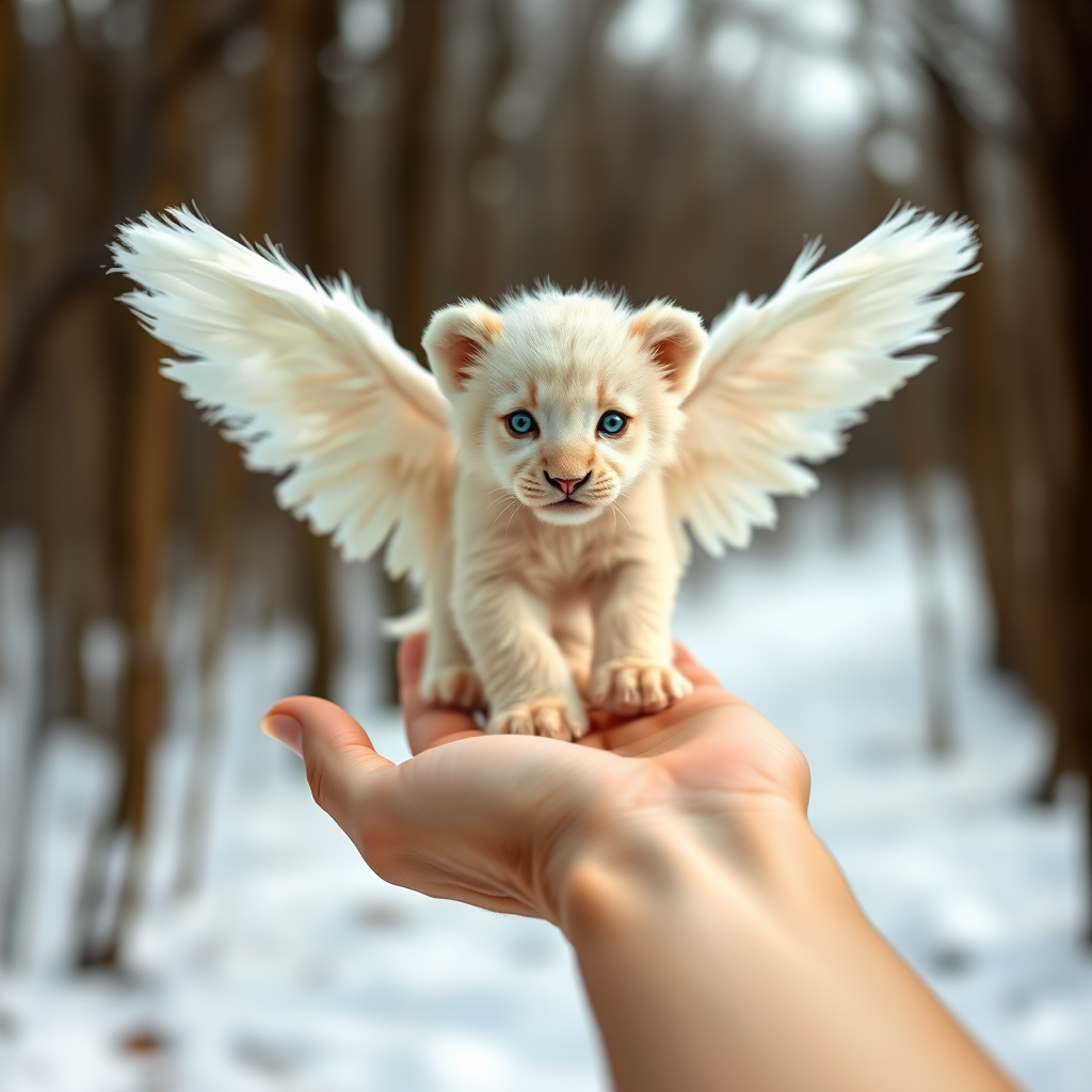 A small, white lion cub with angelic wings standing on a human hand. The cub has a soft, fluffy texture with detailed fur, expressive blue eyes, and a curious expression. The wings are large and feathery, blending seamlessly with its fur, giving an ethereal appearance. The background is a winter forest, with the ground covered in snow and blurred brown trees, creating a serene atmosphere. The human hand in the foreground is positioned palm-up, supporting the lion cub gently, fingers slightly curled. The lighting is soft and diffused, enhancing the tender and magical feel of the scene. Colors are predominantly neutral with white, cream, and soft browns, contrasting with the subtle blue of the lion cub's eyes. The overall composition is balanced, with the cub at the center, creating a focal point that draws the viewer's attention immediately.