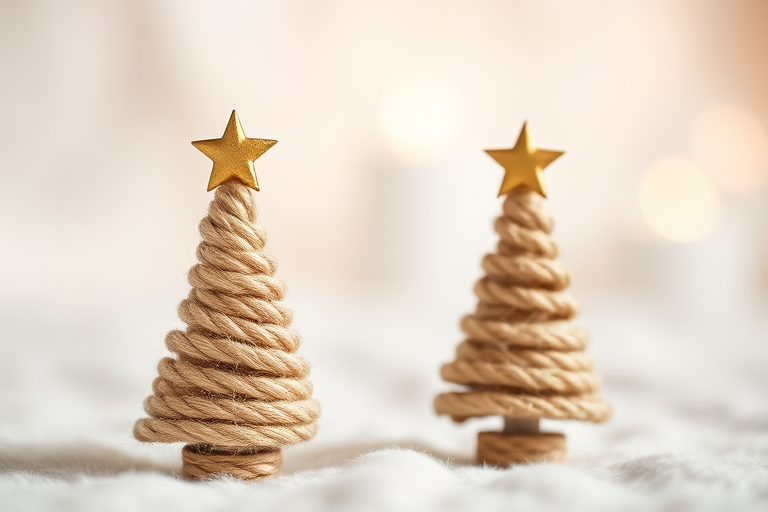 Two small decorative Christmas trees made of rope with golden star toppers on a soft, blurred white background, captured with a DSLR camera at f/2.8 aperture, 50mm lens, ISO 100, in macro view for enhanced detail and shallow depth of field.