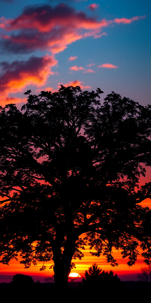 Generate a high-resolution image of a silhouette of a tree against a vibrant sunset background, with a Canon EOS R5 camera, 50mm lens, aperture f/1.8, ISO 200, and a view from a low angle to capture the sky colors.