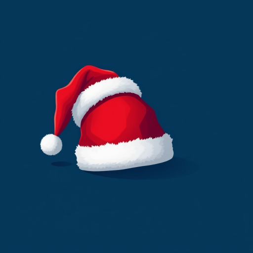 Create a vibrant illustration of a Christmas hat on a solid dark blue background, using a Canon EOS R with a 50mm lens, aperture f/1.8, ISO 100, focused on the hat, capturing rich colors and sharp details for enhanced image quality.